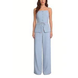 Conjunto de Dos Piezas para Mujer, Top Camisero y Pantalones Anchos, Cierre de Botones, Peplum con Cinturón, Atuendo Casual de Oficina, Moda - Product Image 3