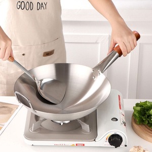 Wok de acero inoxidable con mango de madera, base redonda, sartén para freír, para estufa de gas, uso comercial - Product Image 3
