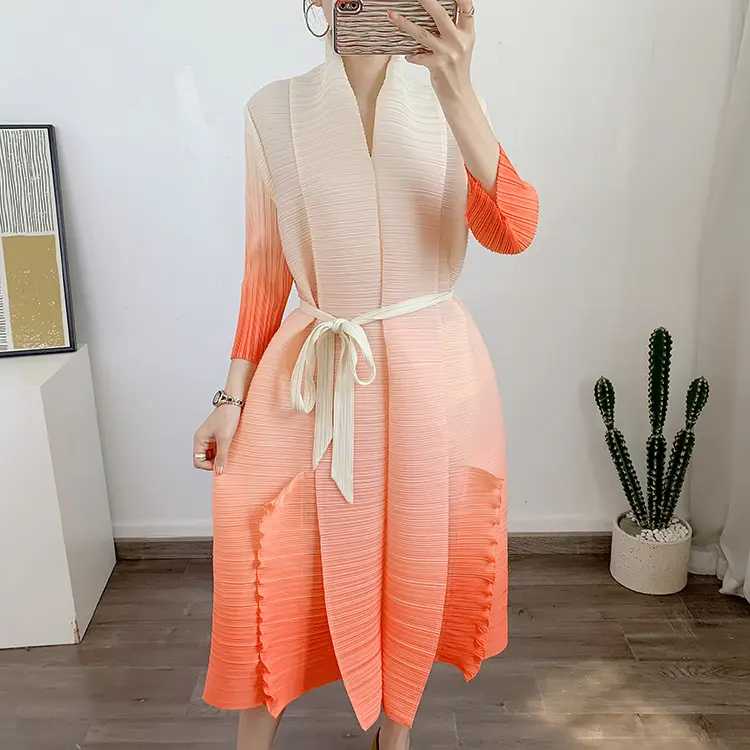 In stock fast delivery African Muslim women's long sleeve robe lapel knee flounces belt casual fashion dress