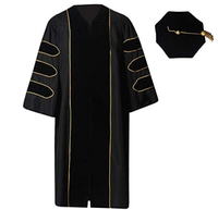Robe de remise de diplôme universitaire en velours polyester fuchsia avec passepoil doré et toque en velours à 8 pans, uniforme scolaire unisexe