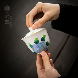 Dehua White Porcelain Gaiwan Teacup Hand-Painted Hydrangea <b>Gift</b> <b>Box</b> <b>Large</b> Size Business <b>Gift</b> Set - Product Image 2