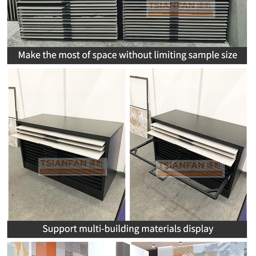 Customized high quality granite ceramic tile showroom quartz marble sample flooring-standing drawer stone display rack