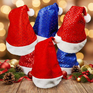 Vente en gros <span class=keywords><strong>de</strong></span> chapeaux <span class=keywords><strong>de</strong></span> Père Noël en sequins rouges scintillants écologiques <span class=keywords><strong>de</strong></span> haute qualité pour la décoration <span class=keywords><strong>de</strong></span> fête <span class=keywords><strong>de</strong></span> Noël - Product Image 1