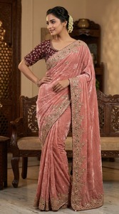 Women's Pure Fandy <b>Satin</b> Traditional Party <b>Saree</b> with Heavy C Pallu Sequence Work Fancy Cut Work Border with Stitched Blouse Set - Product Image 3