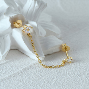 Pendientes CANNER de Plata de Ley 925 con Doble Poste, Baño de Oro de 18K, Flor de Circonita Cúbica y Cadena Colgante, Pendientes de Dos Agujeros - Product Image 2