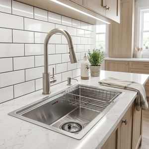 SUS304 Stainless Steel Single Bowl Kitchen <b>Sink</b> Topmounted <b>Drainer</b> Undermount Installation Two Holes Warranty 3 Years - Product Image 1