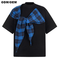T-shirt en toile à manches courtes à carreaux américains de style ancien Qian Hong Kong sur mesure à base de châle en fibre de coton/bambou solide