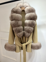 Manteau en laine double face Janveny 2026 pour femme, avec vraie fourrure de renard naturelle, coupe ample, chaud, ceinturé, poches, mélange de laine, veste courte, vêtement d'extérieur