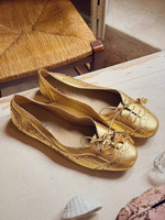 ANSU As2532 Chaussures plates pour femme en cuir véritable doré, personnalisées, à bout sculpté, à découpe basse, à bride en T, avec nœud, semelle intermédiaire en toile légère