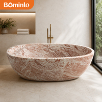 Baignoire ovale autoportante en marbre rose saumon, pierre veinée naturelle sculptée à la main, unique pour villas, spas et centres de villégiature tropicaux
