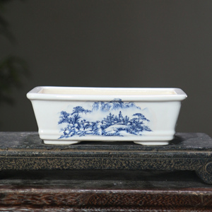 Pot à Bonsaï en Céramique Fait Main, Rectangulaire, Peinture Paysagère, Pot à Fleurs en Argile Violette avec Scène de Pivoine et de Neige - Product Image 3