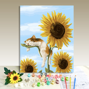 Sunflower Cat Canvas Art Kit Rectangle Paint by Numbers Pastoral Style Handmade DIY Oil Painting for Kids Adults No Skill Needed - Product Image 1