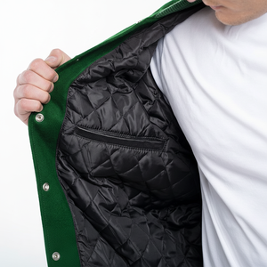 แจ็คเก็ตบอมเบอร์ขนแกะสำหรับทุกเพศ, แจ็คเก็ตเบสบอลวิทยาลัยเคลือบสีเขียวเข้ม - Product Image 1