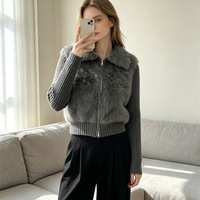 Cardigan en tricot doux pour femme avec empiècements en fausse fourrure de vison, col à revers, double fermeture éclair, manches longues, coupe courte, style pull ou manteau en tricot doux