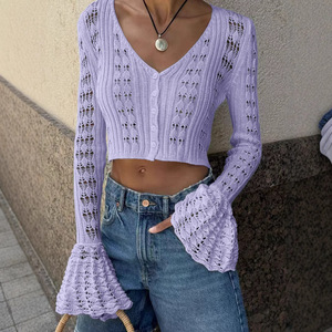 Casual V Neck Hollow Out Long Sleeve Women's Knit <b>Pullover</b> <b>Sweater</b> Fashion - Product Image 4