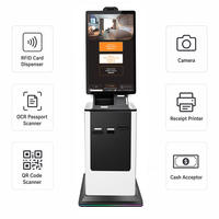 Киоск для регистрации в отеле с оплатой, устройством для выдачи RFID-карт, сканером штрих-кодов, сканером паспортов, сенсорным экраном, распознаванием лиц и поддержкой нескольких валют