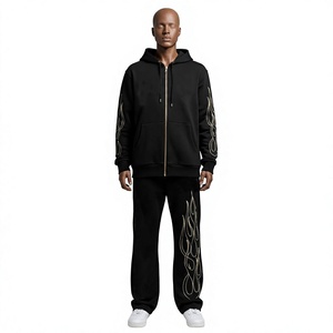 Men's Black Full Zip <b>Hoodie</b> Tracksuit Set Gold Flame <b>Print</b> Regular Fit Streetwear Autumn Wear 100 Cotton Lightweight Breathable - Product Image 1