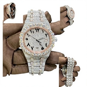 Montre de luxe pour homme en acier inoxydable avec cadran en verre rond en or rose, sertie de diamants, étanche 10 bars, avec bracelet à fermoir, moissanite VVS1 - Product Image 1
