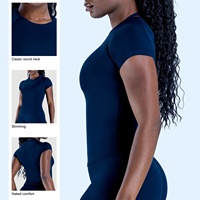 Camiseta Deportiva de Manga Corta sin Costuras para Mujer, de Alta Elasticidad, Absorbente de Humedad, Ajustada, con Cuello Redondo, para Correr, Gimnasio y Fitness