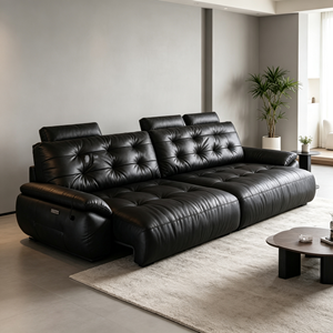 Sofá Seccional Moderno de Cuero Genuino Negro con Respaldo Acolchado y Función Reclinable para Sala de Estar - Product Image 2