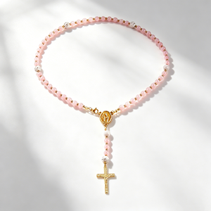 Collier chapelet en pierre naturelle avec pendentif croix médaille Vierge Marie plaqué or, bijoux de prière catholique pour femme - Product Image 4