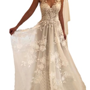 Wedding Dress A-Line Deep V-neck Embroidered Lace Ivory White Floral Print Train Dress - Product Image 5