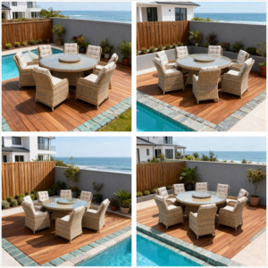 Factory Direct Wholesale 8-Seat Full <b>Round</b> Rattan Dining Set with Lazy Vintage <b>Patio</b> <b>Table</b> & Chairs for Hotel & Projects - Product Image 3