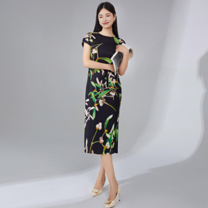 Abito Midi Plissettato Miyake a Maniche Corte con Stampa Floreale Taglia Unica, Alta Elasticità, Elegante e Casual - Direttamente dalla Fabbrica 2026 - Product Image 5