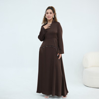 Robe Abaya pour femmes musulmanes grande taille, col en V, manches longues, taille ajustable, couleur unie, robe maxi islamique modeste
