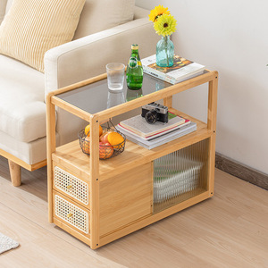 <b>Sofa</b> <b>Side</b> Cabinet With Storage Shelf Glass Top Wooden Living Room <b>Table</b> For Small Space - Product Image 2