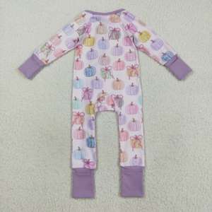 No MOQ RTS Infant <b>Girl's</b> Long Sleeve <b>Jumpsuit</b> with Pumpkin Embroidery Zipper Closure Wholesale Child Romper Set - Product Image 6