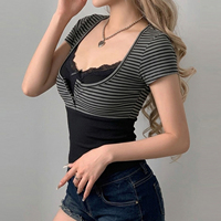 Atasan Wanita Musim Panas Y2K Dua Potong Model Berlapis Garis Kontras Warna Kaos Crop T-Shirt dan Kemben Renda Regular Fit Ramah Lingkungan