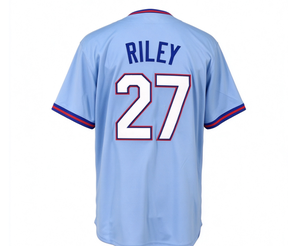 Maillot de baseball bleu clair pour hommes Atlanta AARON # 44 RILEY # 27 OLSON # 28 ACUNA JR # 13 STRIDER # 99 Nom et numéro brodés, manches courtes - Product Image 3