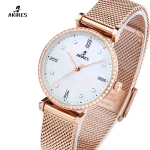 Akires Hot Sale Fashion Rose Gouden Armband Rvs Mesh Lady Business Casual Polshorloge Vrouwen Quartz Horloges