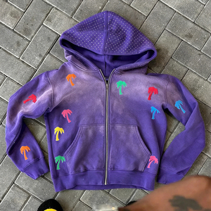 OEM Custom High Quality Distressed Boxy Rhinestone 500 Gsm Heavyweight Oversized Acid Wash <b>Zip</b> 3D Puff Printing Men's <b>Hooded</b> - Product Image 4