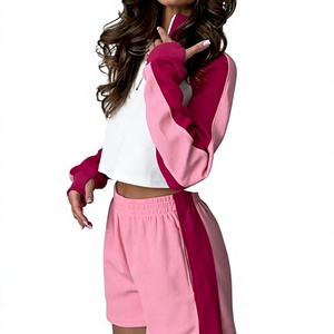 Conjunto Deportivo de 2 Piezas para Mujer, Color Block, Top Corto de Manga Larga de Punto Acanalado y Pantalones Cortos Elásticos, Ropa Casual de Primavera/Verano - Product Image 3