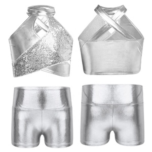 Girls Two Piece Dance Outfit Halter <b>Crop</b> <b>Top</b> <b>Sequin</b> Metallic Crisscross High Waist Shorts Sets Cheer Gymnastics Costume Custom - Product Image 2