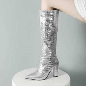 Gold Botas Largas De Mujer Chunky Heel Ashion Women Knee-High Chunky Heel <b>Boots</b> - Product Image 4