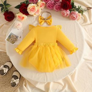 Lindo Vestido Romper <span class=keywords><strong>de</strong></span> Encaje y Tul con Estampado <span class=keywords><strong>de</strong></span> Abejas y Manga Larga para Bebé Niña, Atuendo <span class=keywords><strong>de</strong></span> Primavera y Otoño con Diadema <span class=keywords><strong>de</strong></span> Lazo - Product Image 4