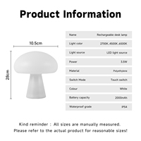 Lampe Champignon LED Rechargeable Triple Couleur à Intensité Variable pour Bureau, Chambre à Coucher et Veilleuse d'Ambiance