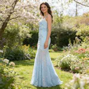 Vestido largo de verano estilo INS con encaje y patchwork, vestido de malla con estampado floral ombré, estilo sirena, elegante para mujer. - Product Image 2