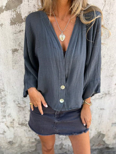 เสื้อยืดทรงหลวมแบบใหม่สำหรับผู้หญิง เสื้อเชิ้ตผ้าลินินลำลองคอวีแฟชั่น - Product Image 5