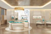Vitrine à bijoux personnalisable haut de gamme avec éclairage LED - Finition or et blanc, luxe intemporel pour la conception de boutiques de bijoux