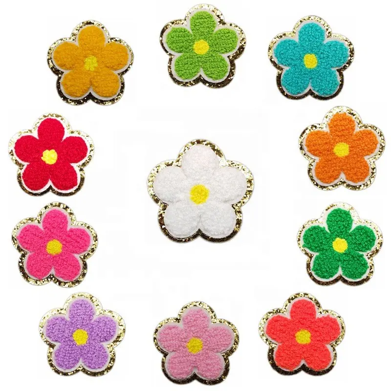 Hot Sale Trendy Iron On Heat Pressed DIY Gold Glitter Embroidery Flower Various Colors Chenille Patch For Make-up Bag Decoration