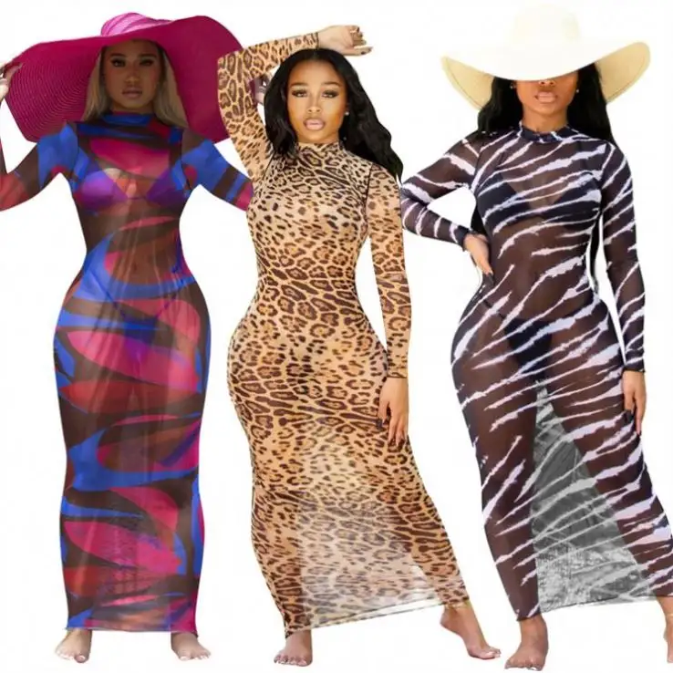 MOEN Fashion 2021 Summer Leopard Print Tulle Sexy Bodycon Dresses Women Full Sleeve Maxi Mesh Dress