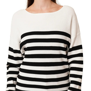 Customized Classic <strong>Black</strong> <strong>and</strong> <strong>White</strong> <strong>Stripe</strong> Relaxed Waffle Knit T-shirt Fashion Contrast Wide <strong>Stripe</strong> <strong>Long</strong> <strong>Sleeve</strong> Knit <strong>Top</strong> - Product Image 1