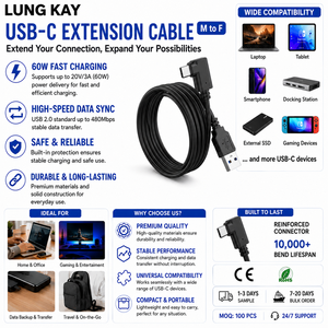 LUNG KAY สาย USB 3.0 a ถึง USB C แบบมุมฉาก 90 องศา ความเร็วในการถ่ายโอนข้อมูล 5Gbps รองรับการชาร์จเร็ว 3A 60W สำหรับแล็ปท็อป แท็บเล็ต โทรศัพท์ - Product Image 3