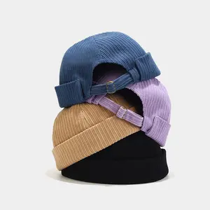 Baru Corduroy warna Solid Pria Wanita sederhana topi pelaut kosong manset digulung Retro topi Beanie nelayan topi tanpa tepi