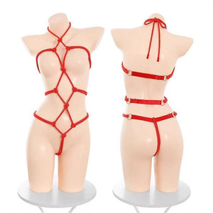 Body sexy para mujer, entrepierna abierta, lencería erótica transparente de manga larga, conjunto de malla rojo con cuerda para bondage SM. - Product Image 1
