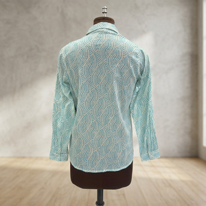 Camisa de Popelina para Mujer, Azul Claro, Estampado Geométrico, Transpirable, Estilo Vintage, Casual, con Botones, Manga Larga, 100% Algodón, para Todas las Temporadas, Corte Regular - Product Image 4